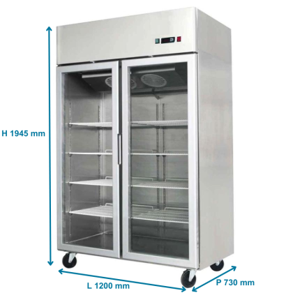 Armoire compacte négative inox, 2 portes vitrées - 900 L