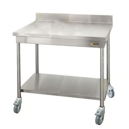 Table inox adossée mobile avec étagère basse L 1200 mm