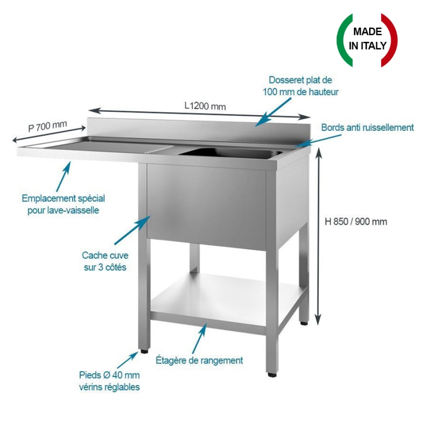 Plonge 1 Bac avec bac à gauche passage lave-vaisselle P 700 mm